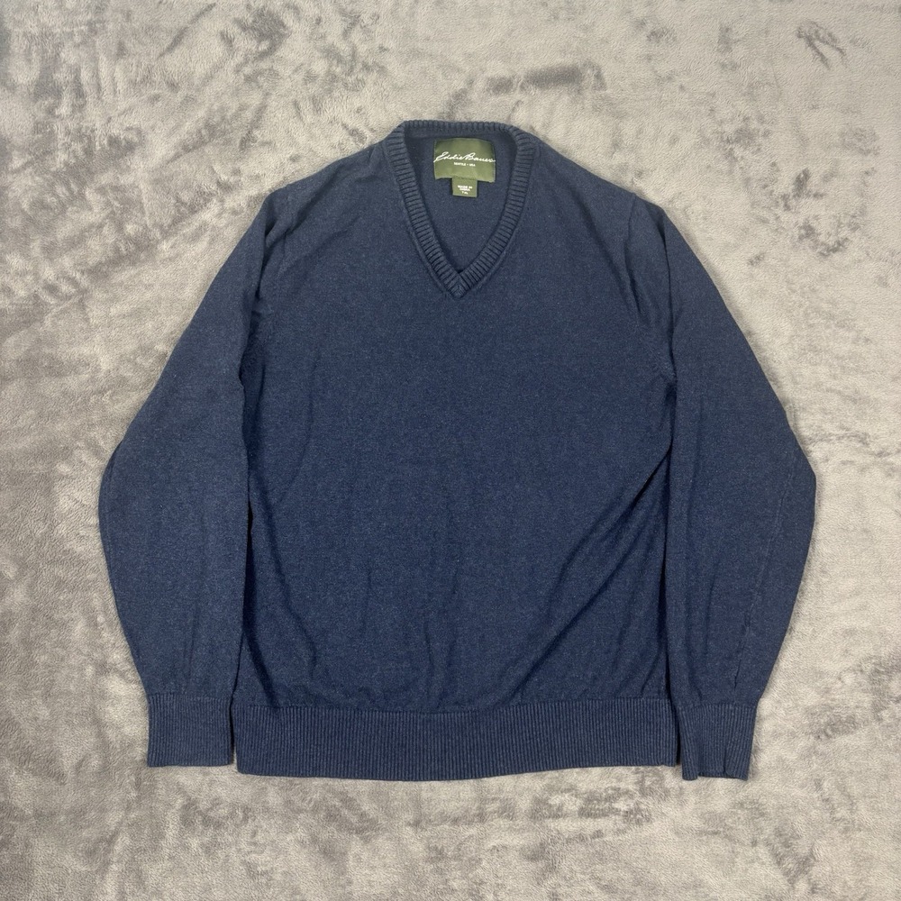 Eddie‎ Bauer Sweater Mens TXL Dark Navy Blue Knit V-Neck Cotton Cashmere Preppy